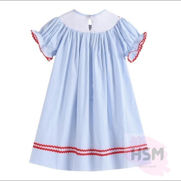 🦞Smocked Pinstriped Crawfish Bishop Embroidery Blue Dress 1522 - Picture 2 of 4